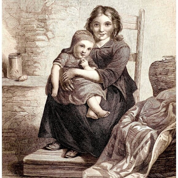 The Little Nurse With Child Steel Engraving 1859 Victorian Medical Art DWY5E